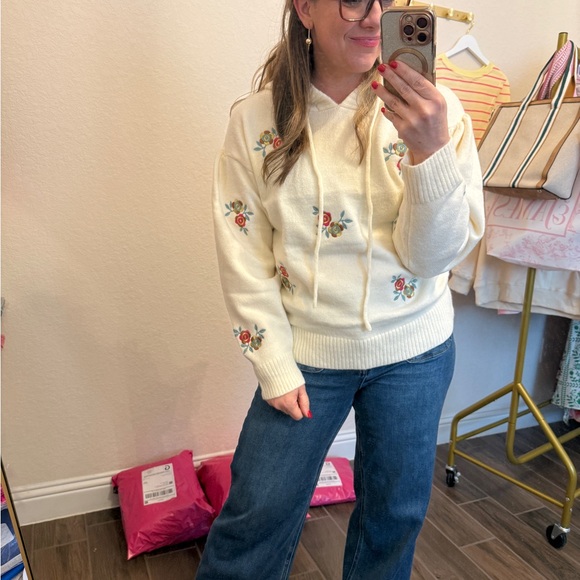 Karlie Sweaters - Karlie Floral Embroidered Cream Hoodie